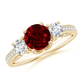 6mm AAAA Classic Prong Set Ruby and Diamond Three Stone Ring in Yellow Gold