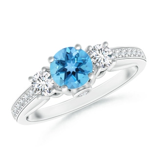 5mm AA Classic Prong Set Swiss Blue Topaz and Diamond Three Stone Ring in White Gold