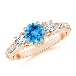 5mm AAA Classic Prong Set Swiss Blue Topaz and Diamond Three Stone Ring in Rose Gold