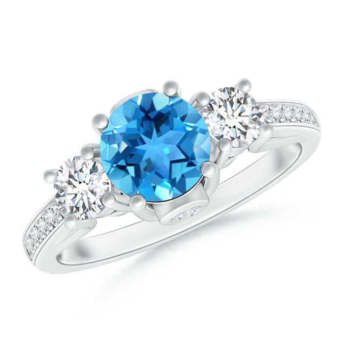 6mm AAA Classic Prong Set Swiss Blue Topaz and Diamond Three Stone Ring in White Gold