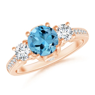 7.57x7.51x5.11mm AAAA GIA Certified Round Swiss Blue Topaz Trilogy Ring with Diamonds in 18K Rose Gold