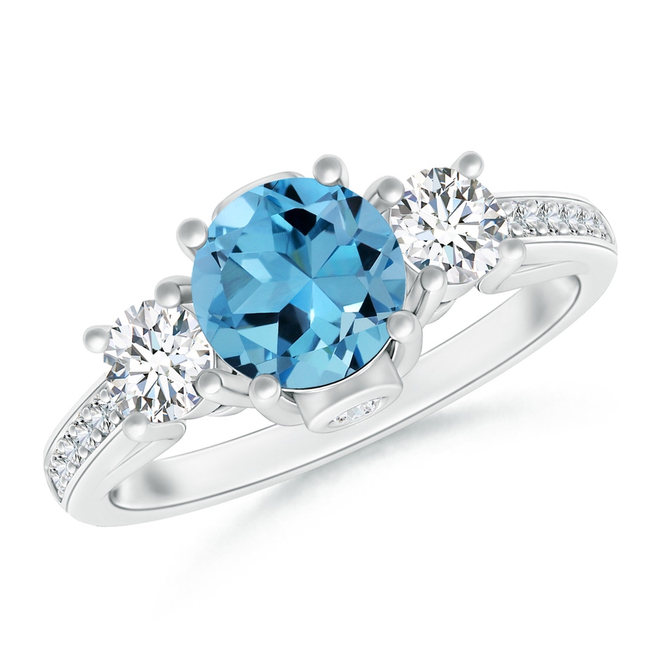 7.57x7.51x5.11mm AAAA GIA Certified Round Swiss Blue Topaz Trilogy Ring with Diamonds in White Gold 