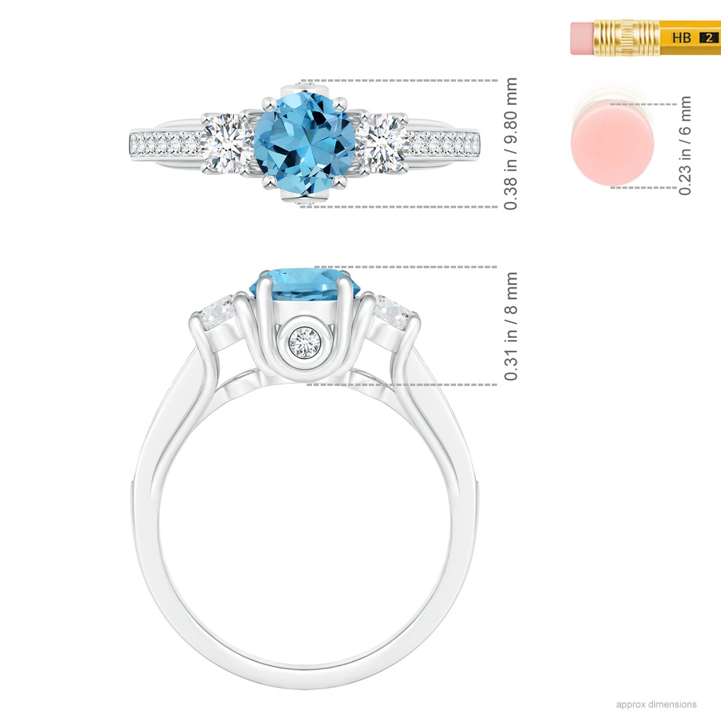 7.57x7.51x5.11mm AAAA GIA Certified Round Swiss Blue Topaz Trilogy Ring with Diamonds in White Gold ruler