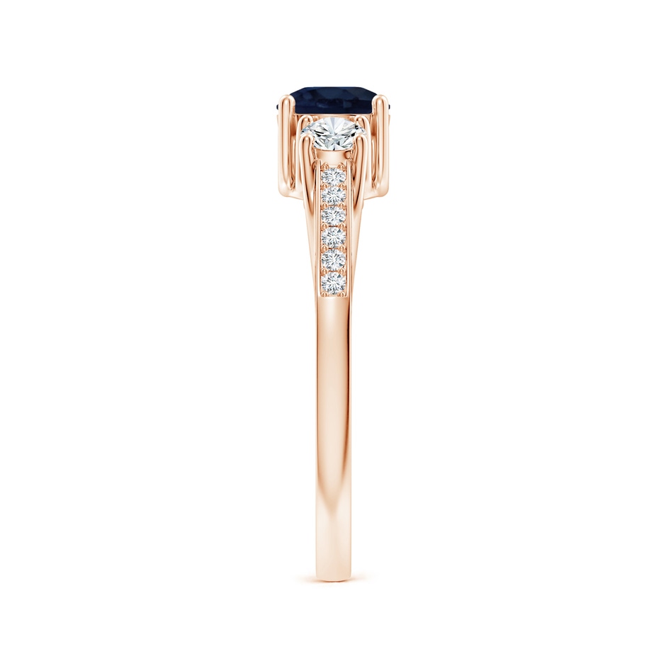 5mm A Classic Prong Set Round Blue Sapphire and Diamond Three Stone Engagement Ring in Rose Gold side 299