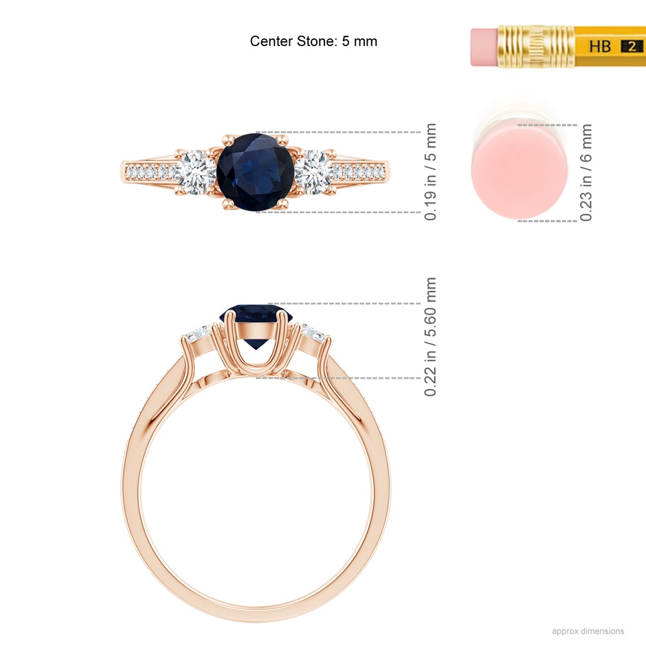 5mm A Classic Prong Set Round Blue Sapphire and Diamond Three Stone Engagement Ring in Rose Gold ruler