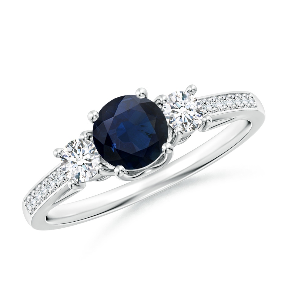 5mm A Classic Prong Set Round Blue Sapphire and Diamond Three Stone Engagement Ring in White Gold 