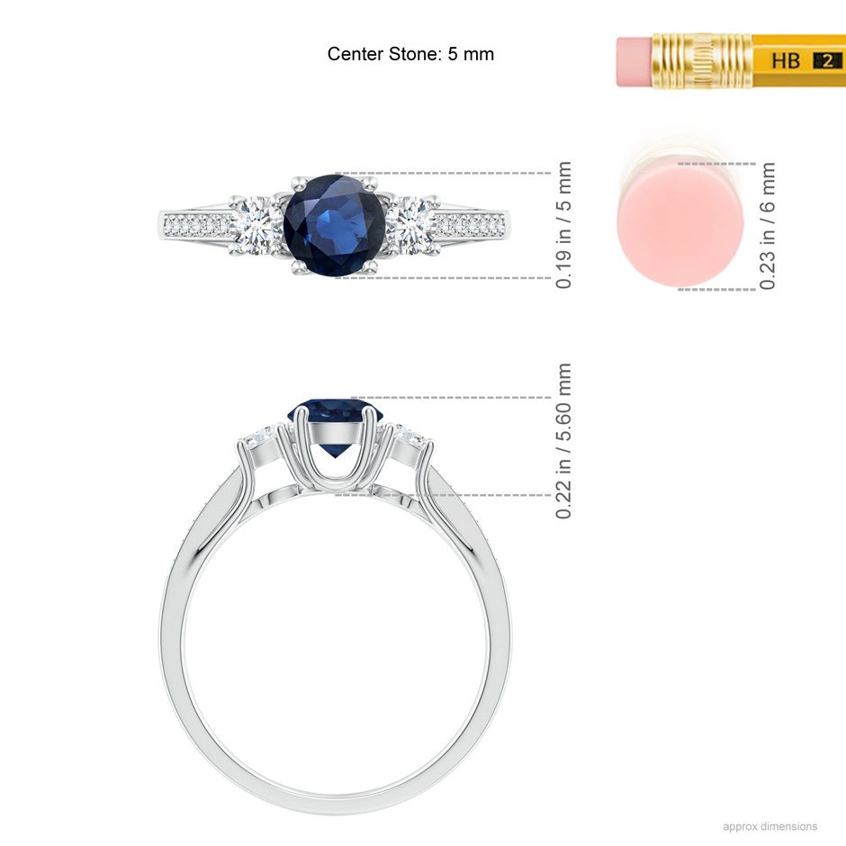 5mm AA Classic Prong Set Round Blue Sapphire and Diamond Three Stone Engagement Ring in P950 Platinum ruler