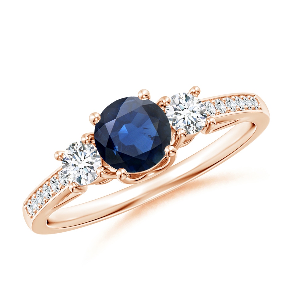 5mm AA Classic Prong Set Round Blue Sapphire and Diamond Three Stone Engagement Ring in Rose Gold 