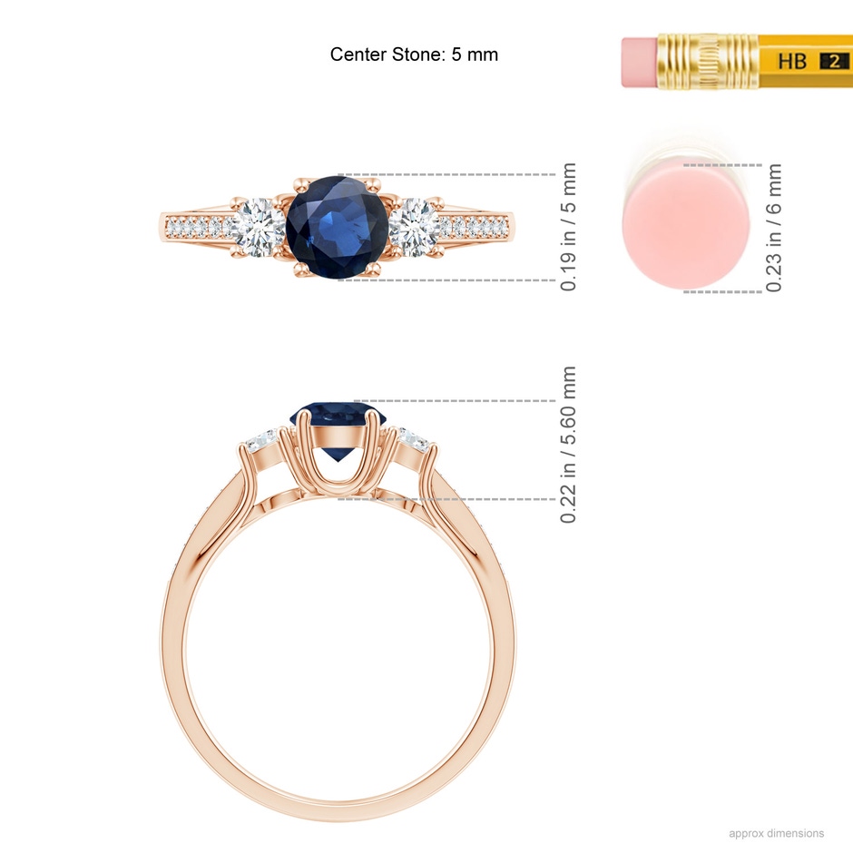 5mm AA Classic Prong Set Round Blue Sapphire and Diamond Three Stone Engagement Ring in Rose Gold ruler