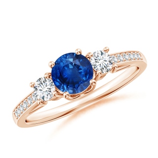 5mm AAA Classic Prong Set Round Blue Sapphire and Diamond Three Stone Ring in Rose Gold