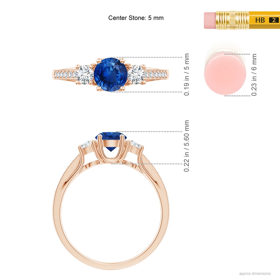 5mm AAA Classic Prong Set Round Blue Sapphire and Diamond Three Stone Engagement Ring in Rose Gold ruler