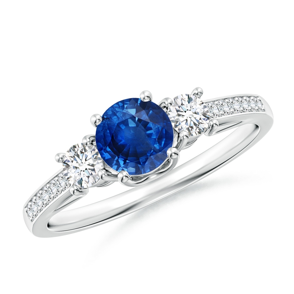 5mm AAA Classic Prong Set Round Blue Sapphire and Diamond Three Stone Ring in White Gold 