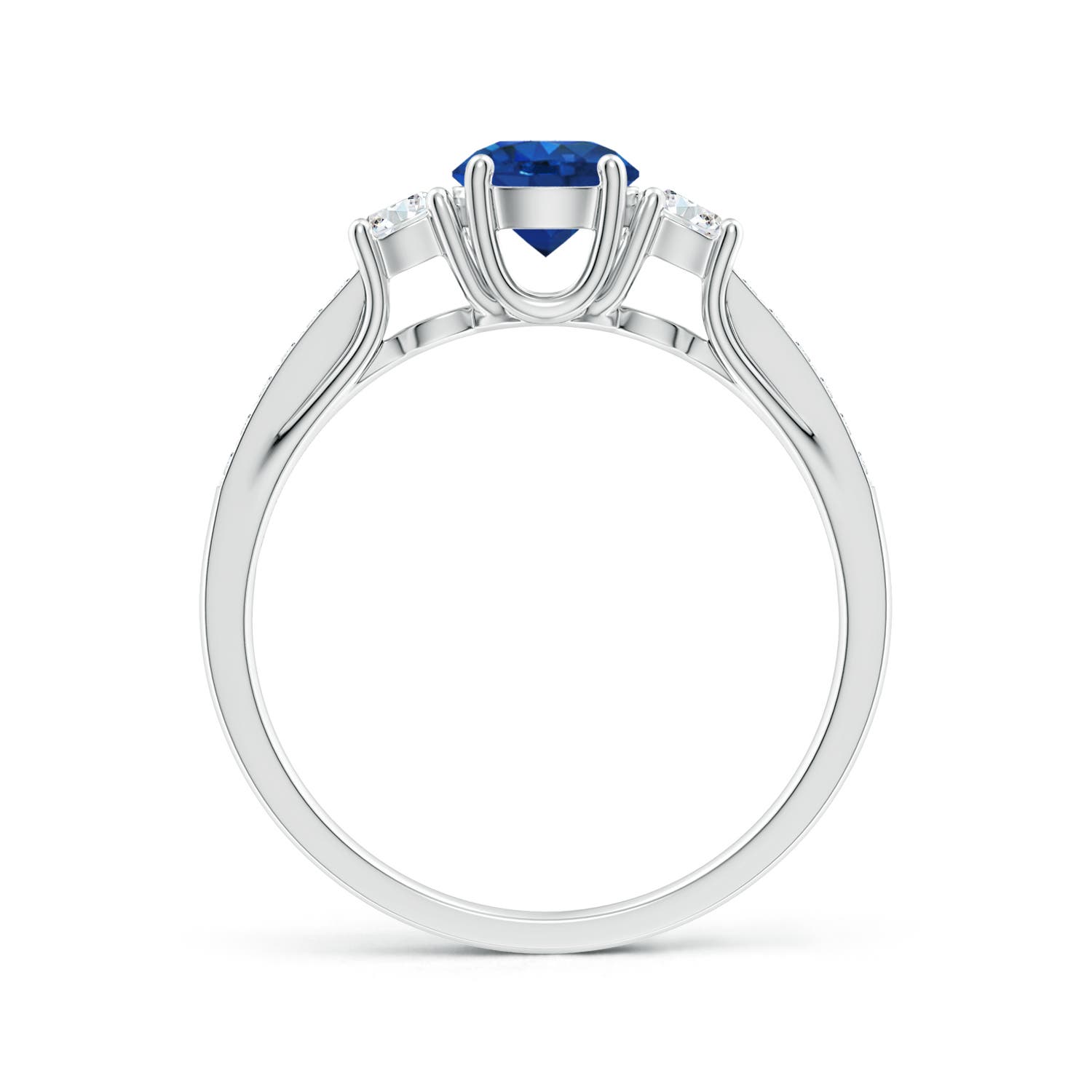 5mm AAA Classic Prong Set Round Blue Sapphire and Diamond Three Stone Engagement Ring in White Gold - side 2