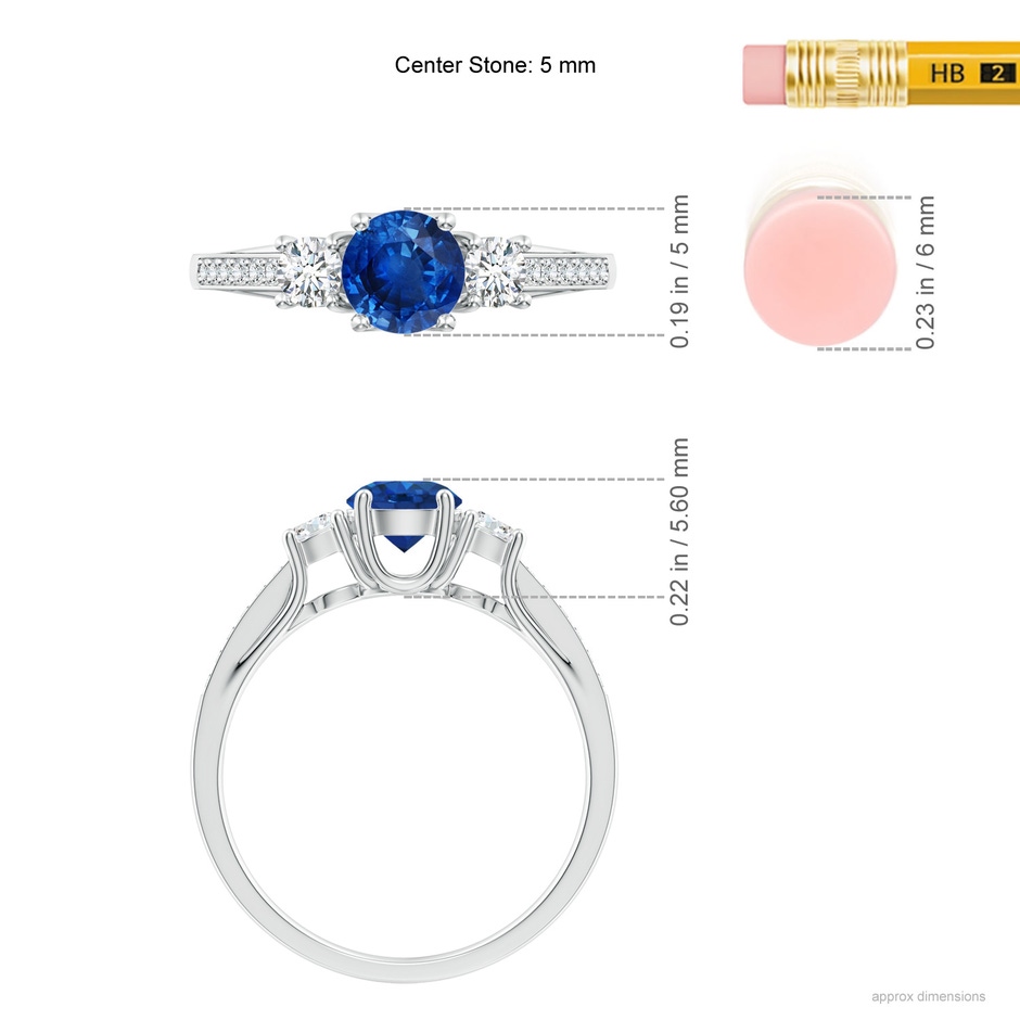 5mm AAA Classic Prong Set Round Blue Sapphire and Diamond Three Stone Ring in White Gold ruler