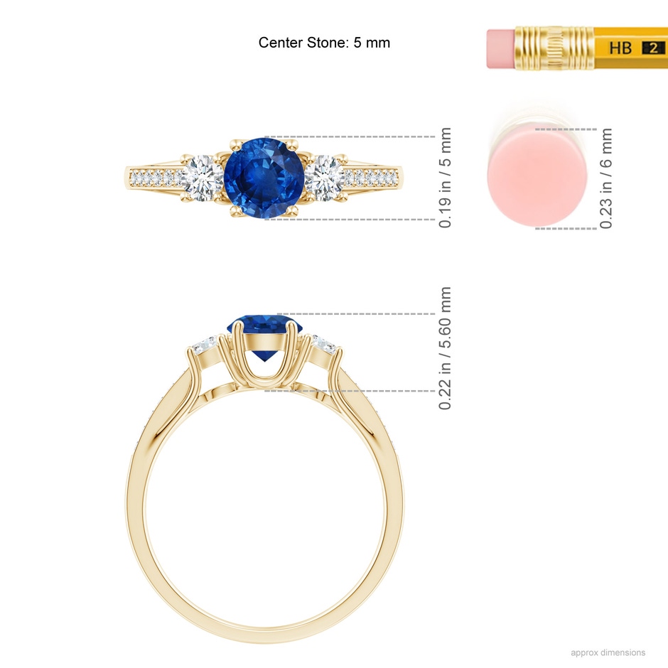 5mm AAA Classic Prong Set Round Blue Sapphire and Diamond Three Stone Ring in Yellow Gold ruler