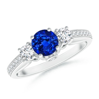 5mm AAAA Classic Prong Set Round Blue Sapphire and Diamond Three Stone Ring in 9K White Gold