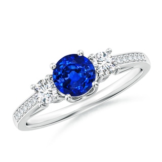 5mm AAAA Classic Prong Set Round Blue Sapphire and Diamond Three Stone Ring in P950 Platinum