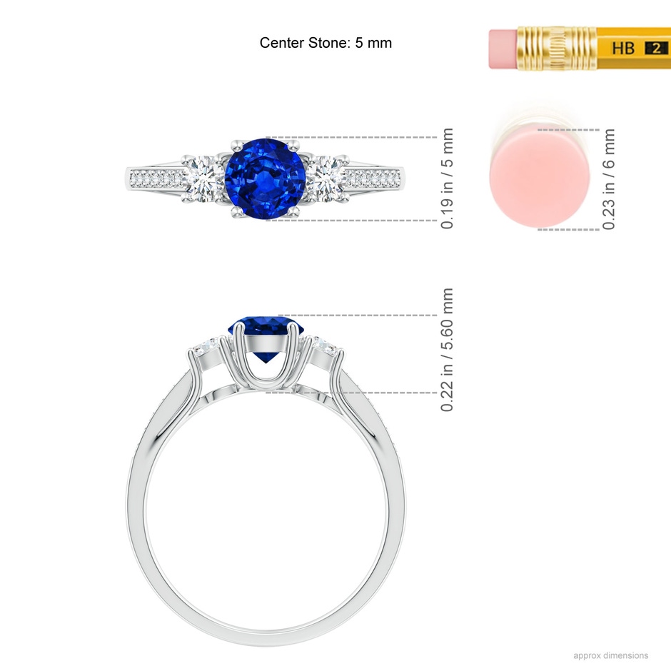 5mm AAAA Classic Prong Set Round Blue Sapphire and Diamond Three Stone Engagement Ring in P950 Platinum ruler