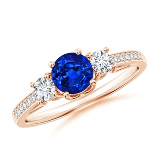 5mm AAAA Classic Prong Set Round Blue Sapphire and Diamond Three Stone Ring in Rose Gold