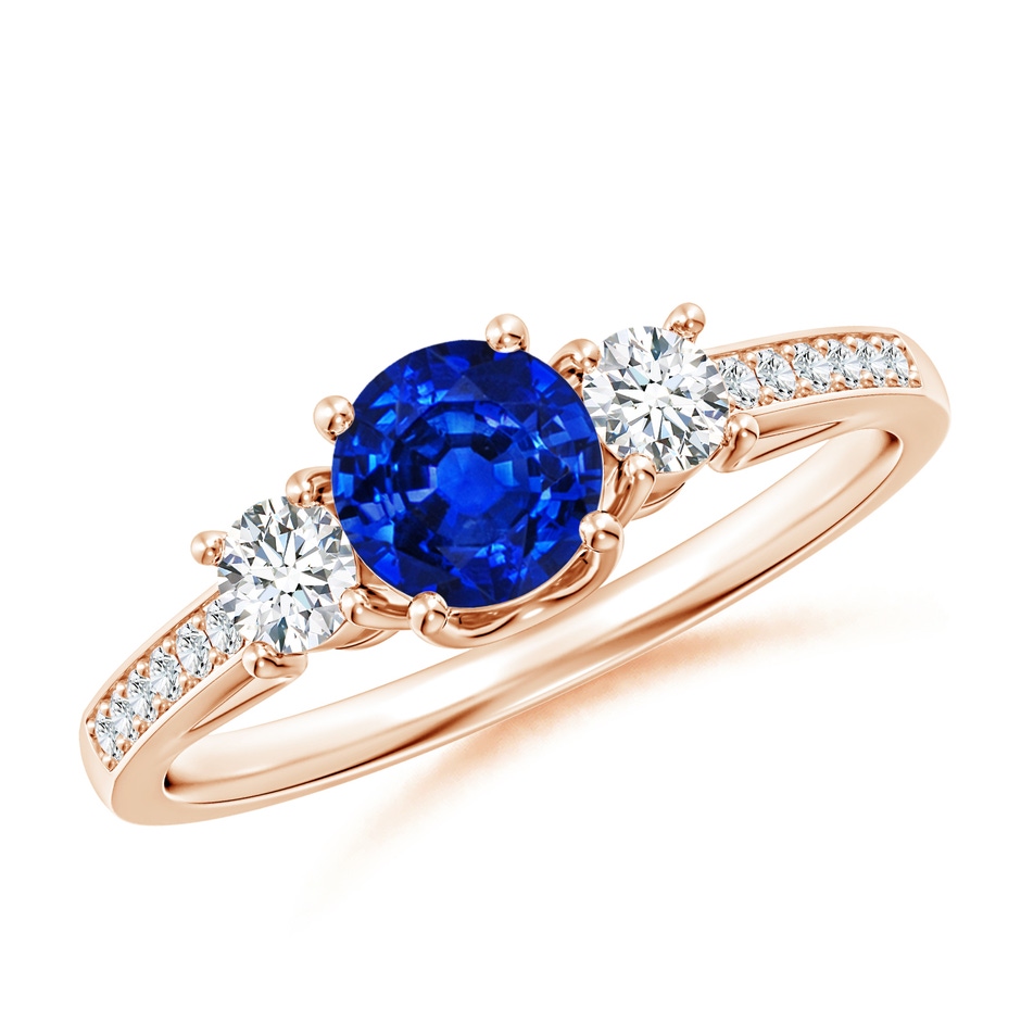 5mm AAAA Classic Prong Set Round Blue Sapphire and Diamond Three Stone Engagement Ring in Rose Gold 