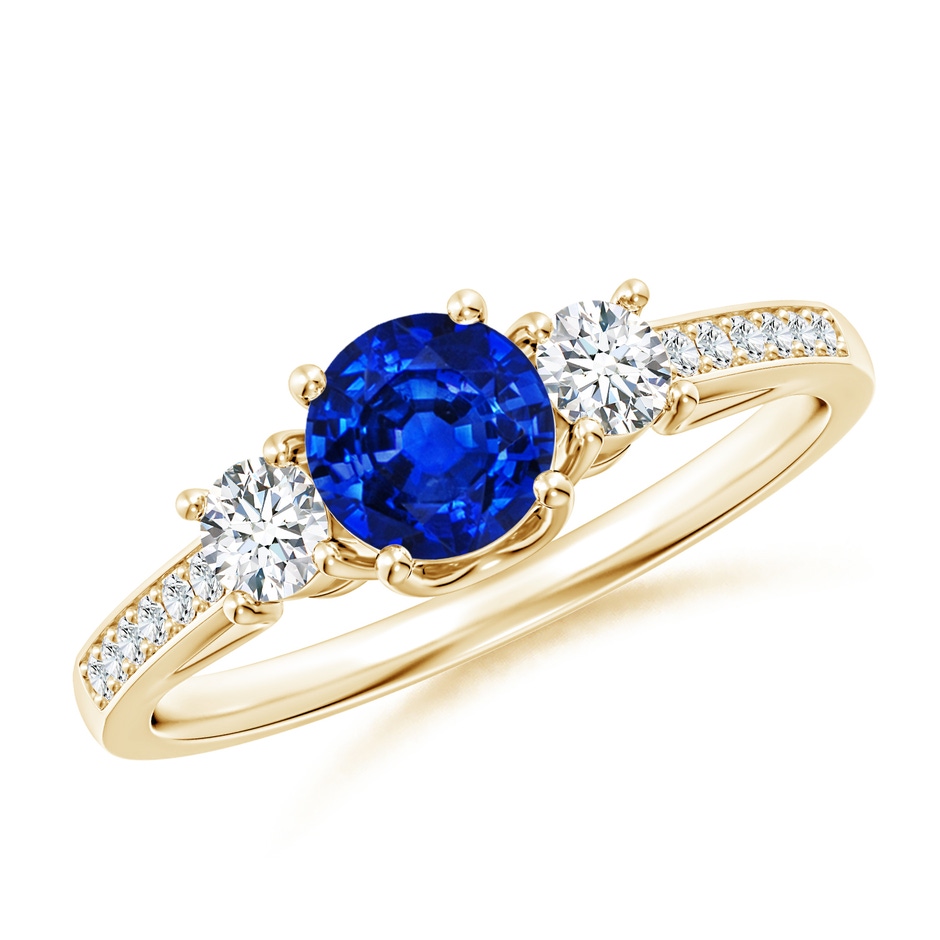 5mm AAAA Classic Prong Set Round Blue Sapphire and Diamond Three Stone Engagement Ring in Yellow Gold 