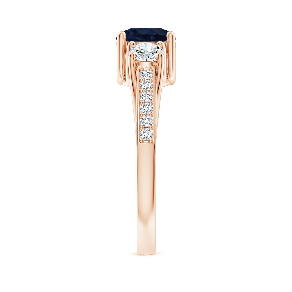6mm A Classic Prong Set Round Blue Sapphire and Diamond Three Stone Engagement Ring in 18K Rose Gold side 299