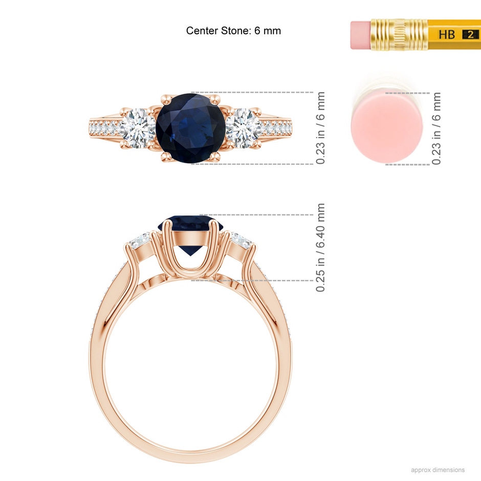 6mm A Classic Prong Set Round Blue Sapphire and Diamond Three Stone Engagement Ring in 18K Rose Gold ruler