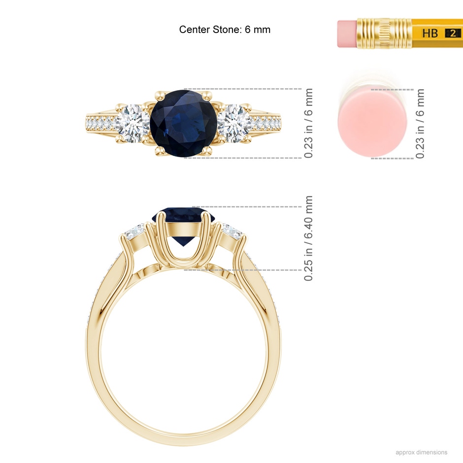 6mm A Classic Prong Set Round Blue Sapphire and Diamond Three Stone Engagement Ring in 18K Yellow Gold ruler