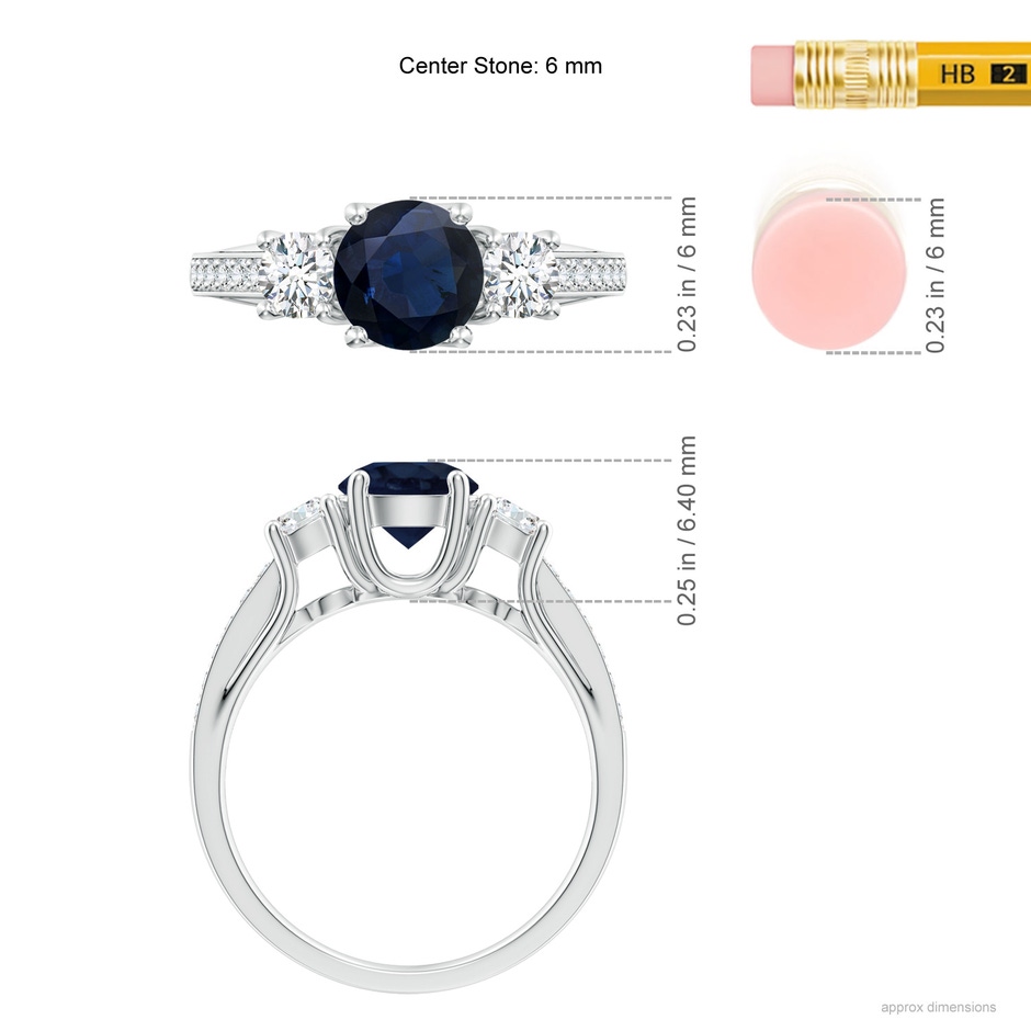6mm A Classic Prong Set Round Blue Sapphire and Diamond Three Stone Engagement Ring in White Gold ruler