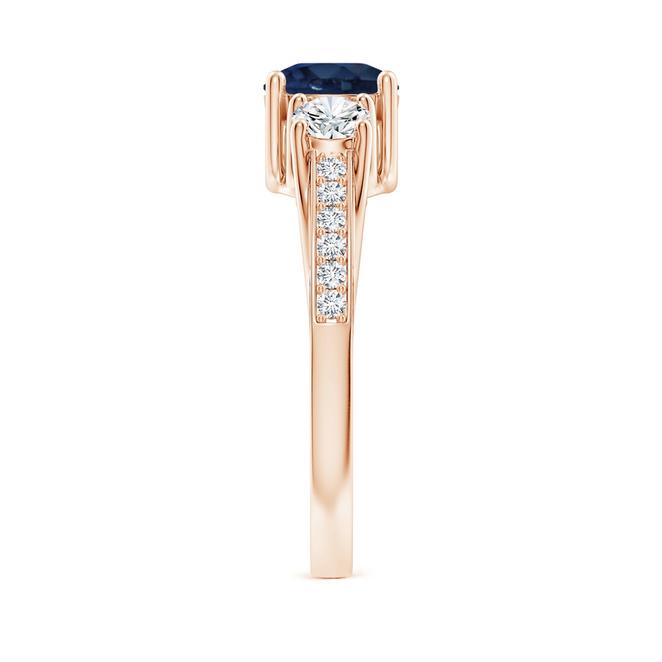 6mm AA Classic Prong Set Round Blue Sapphire and Diamond Three Stone Engagement Ring in 18K Rose Gold side 299