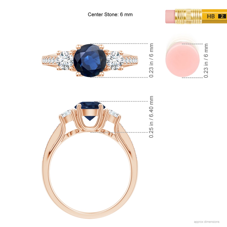 6mm AA Classic Prong Set Round Blue Sapphire and Diamond Three Stone Engagement Ring in 18K Rose Gold ruler