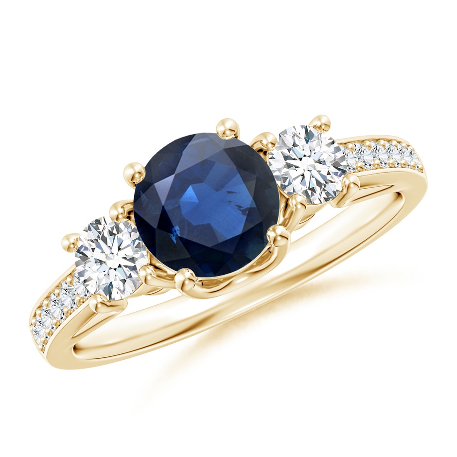 6mm AA Classic Prong Set Round Blue Sapphire and Diamond Three Stone Engagement Ring in 18K Yellow Gold 