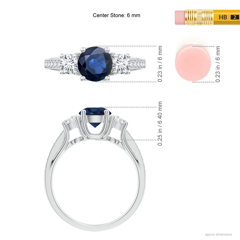 6mm AA Classic Prong Set Round Blue Sapphire and Diamond Three Stone Engagement Ring in P950 Platinum ruler