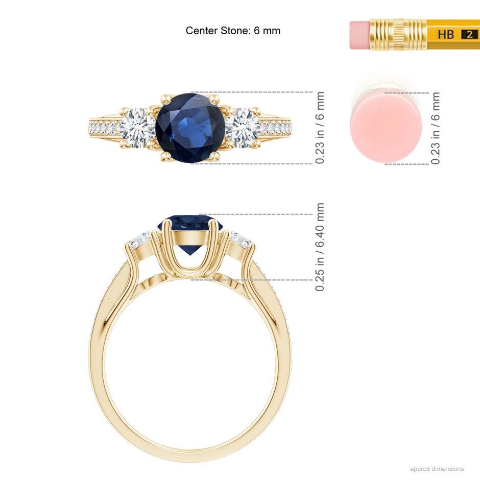 6mm AA Classic Prong Set Round Blue Sapphire and Diamond Three Stone Engagement Ring in Yellow Gold ruler
