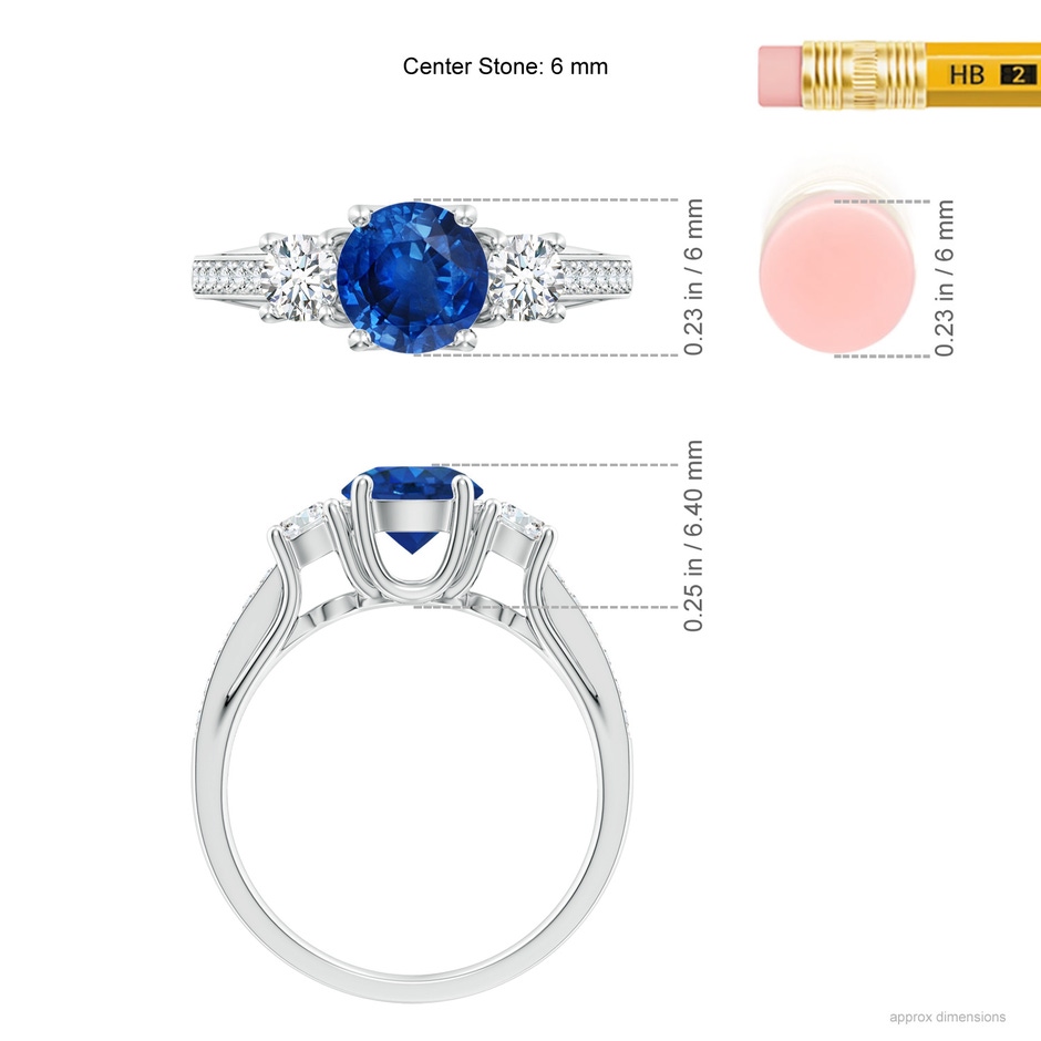 6mm AAA Classic Prong Set Round Blue Sapphire and Diamond Three Stone Engagement Ring in P950 Platinum ruler