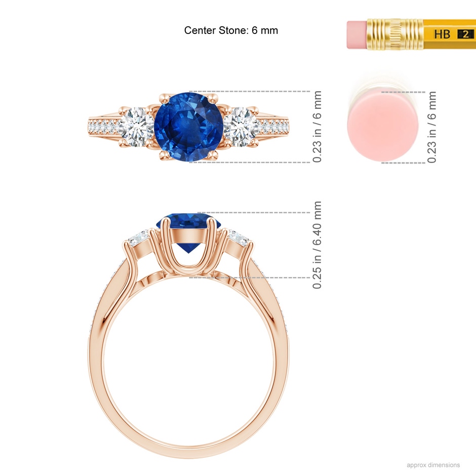 6mm AAA Classic Prong Set Round Blue Sapphire and Diamond Three Stone Engagement Ring in Rose Gold ruler