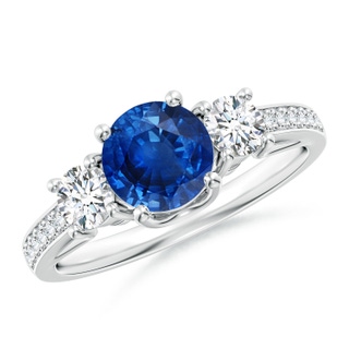 6mm AAA Classic Prong Set Round Blue Sapphire and Diamond Three Stone Ring in White Gold