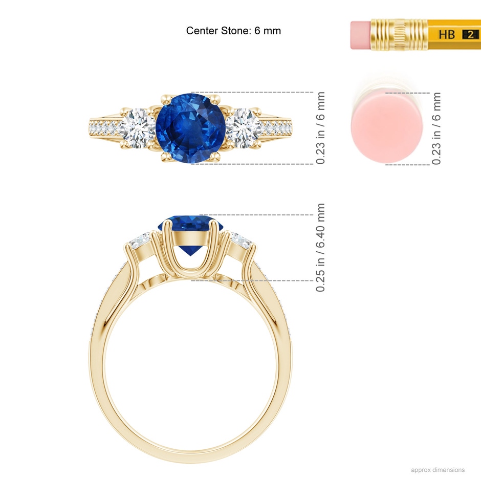 6mm AAA Classic Prong Set Round Blue Sapphire and Diamond Three Stone Engagement Ring in Yellow Gold ruler