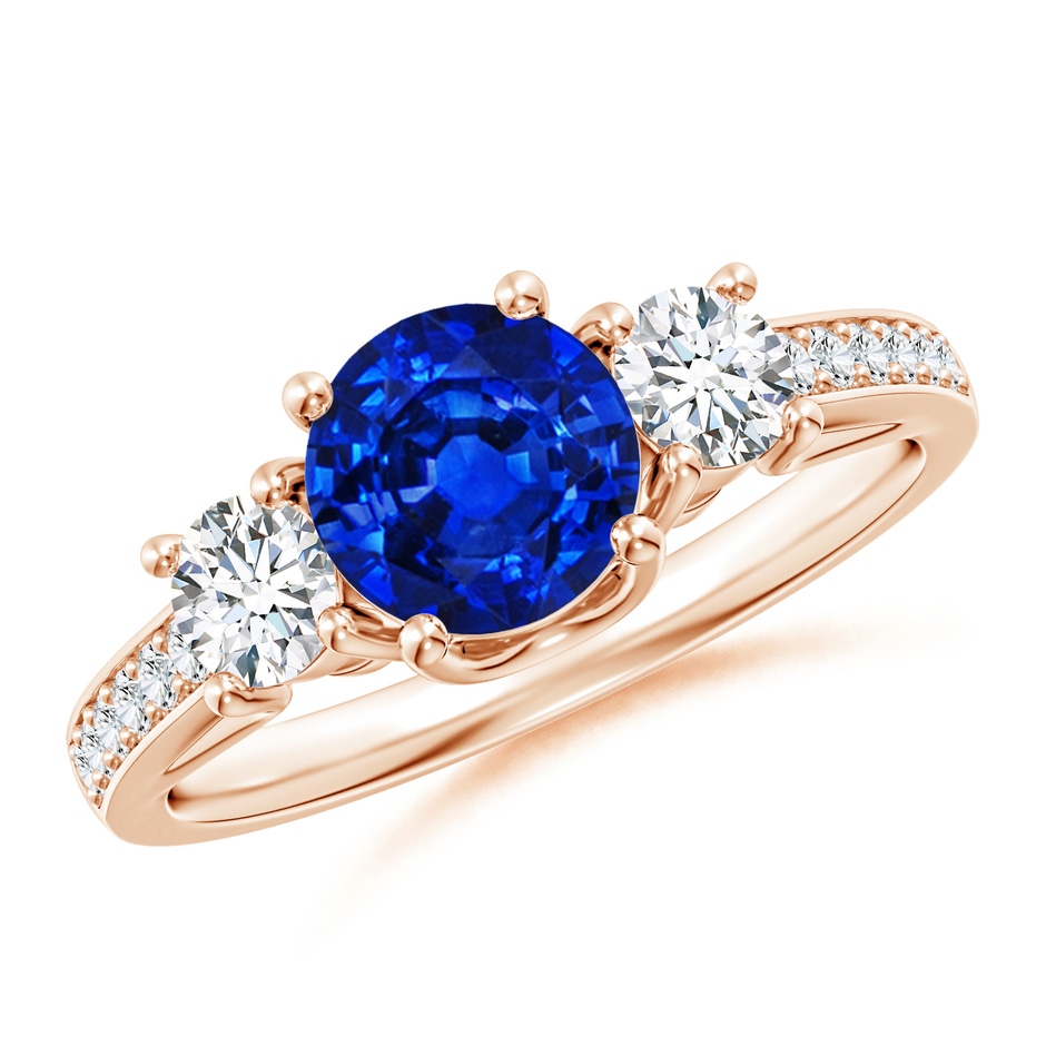 6mm AAAA Classic Prong Set Round Blue Sapphire and Diamond Three Stone Engagement Ring in Rose Gold 