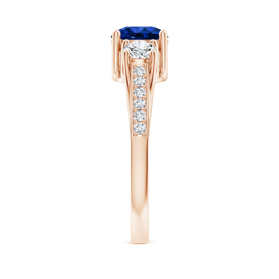 6mm AAAA Classic Prong Set Round Blue Sapphire and Diamond Three Stone Engagement Ring in Rose Gold side 299