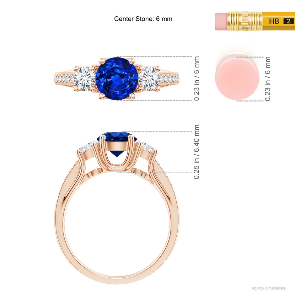 6mm AAAA Classic Prong Set Round Blue Sapphire and Diamond Three Stone Engagement Ring in Rose Gold ruler