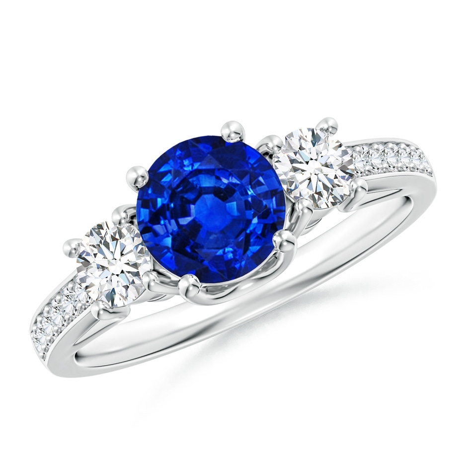 6mm AAAA Classic Prong Set Round Blue Sapphire and Diamond Three Stone Ring in White Gold 