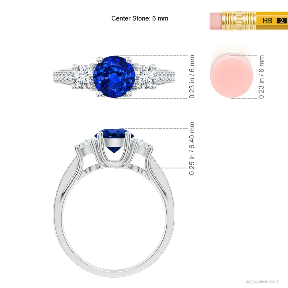 6mm AAAA Classic Prong Set Round Blue Sapphire and Diamond Three Stone Ring in White Gold ruler