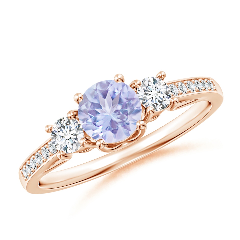 5mm A Classic Prong Set Round Tanzanite and Diamond Three Stone Ring in Rose Gold 