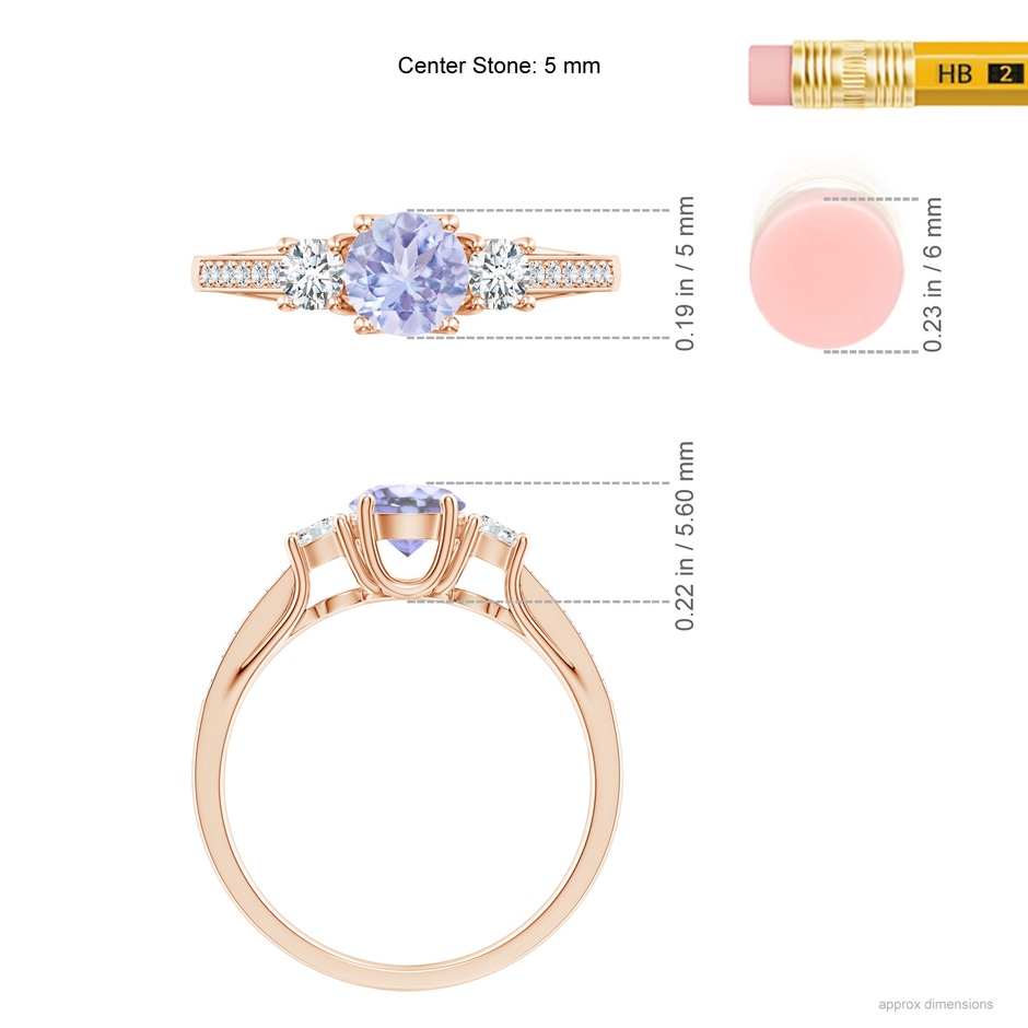 5mm A Classic Prong Set Round Tanzanite and Diamond Three Stone Ring in Rose Gold ruler
