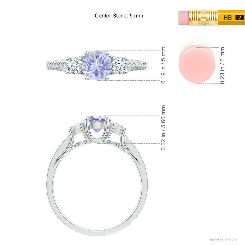 5mm A Classic Prong Set Round Tanzanite and Diamond Three Stone Ring in White Gold ruler