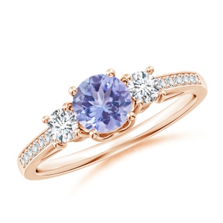 5mm AA Classic Prong Set Round Tanzanite and Diamond Three Stone Ring in 9K Rose Gold