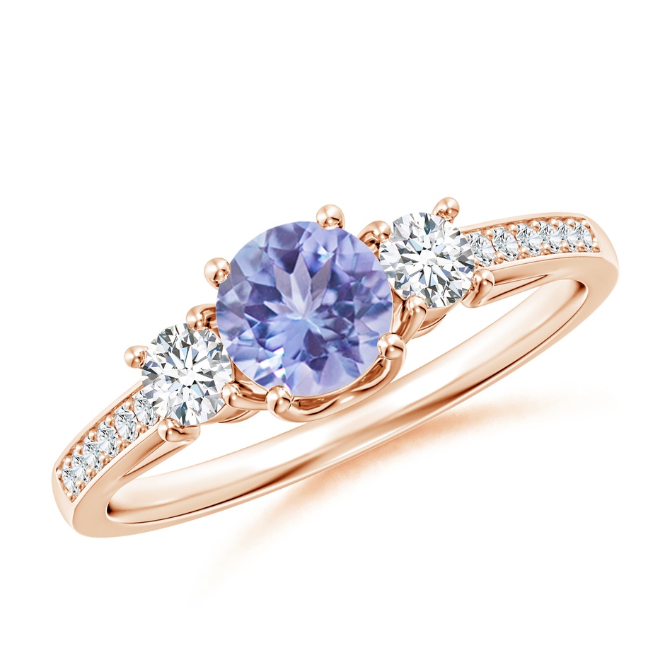 5mm AA Classic Prong Set Round Tanzanite and Diamond Three Stone Ring in 9K Rose Gold 