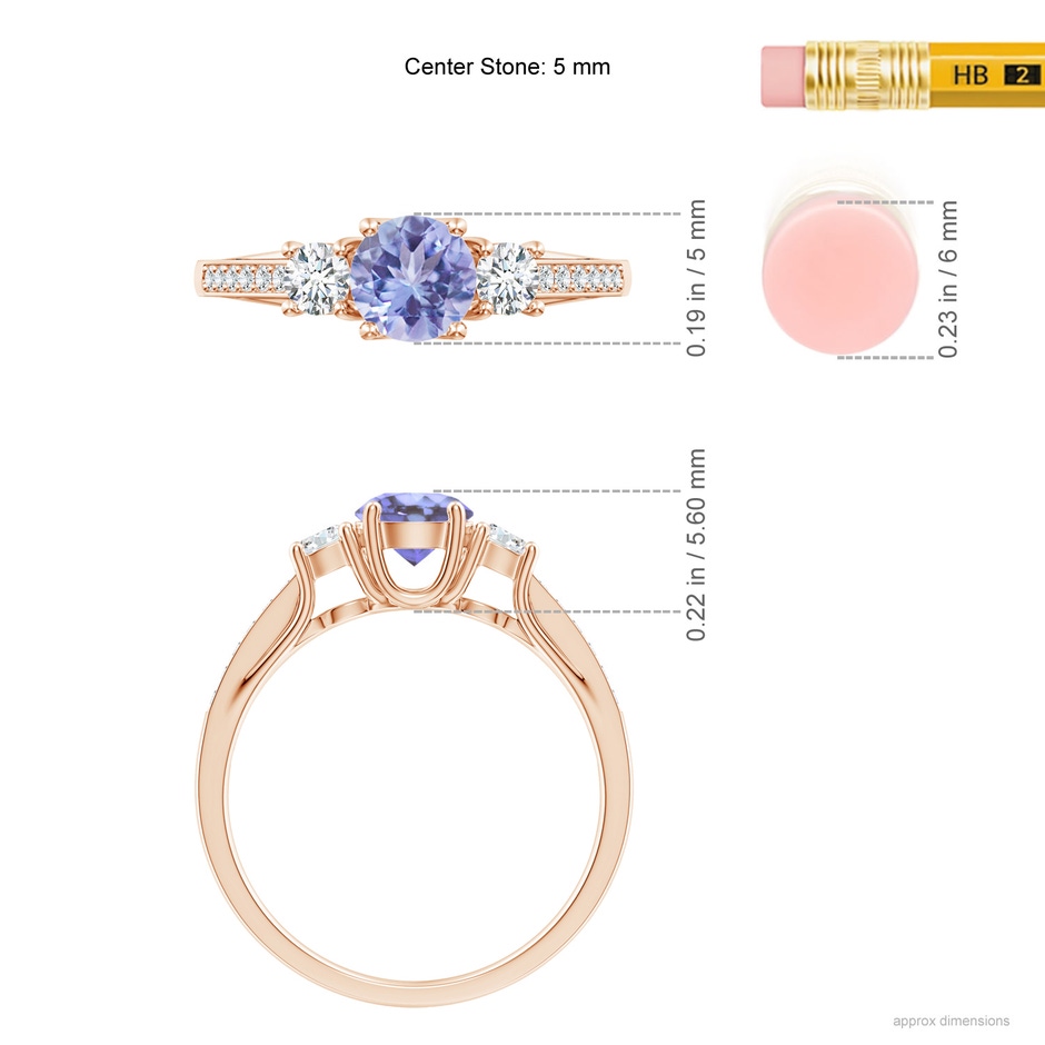 5mm AA Classic Prong Set Round Tanzanite and Diamond Three Stone Ring in 9K Rose Gold ruler