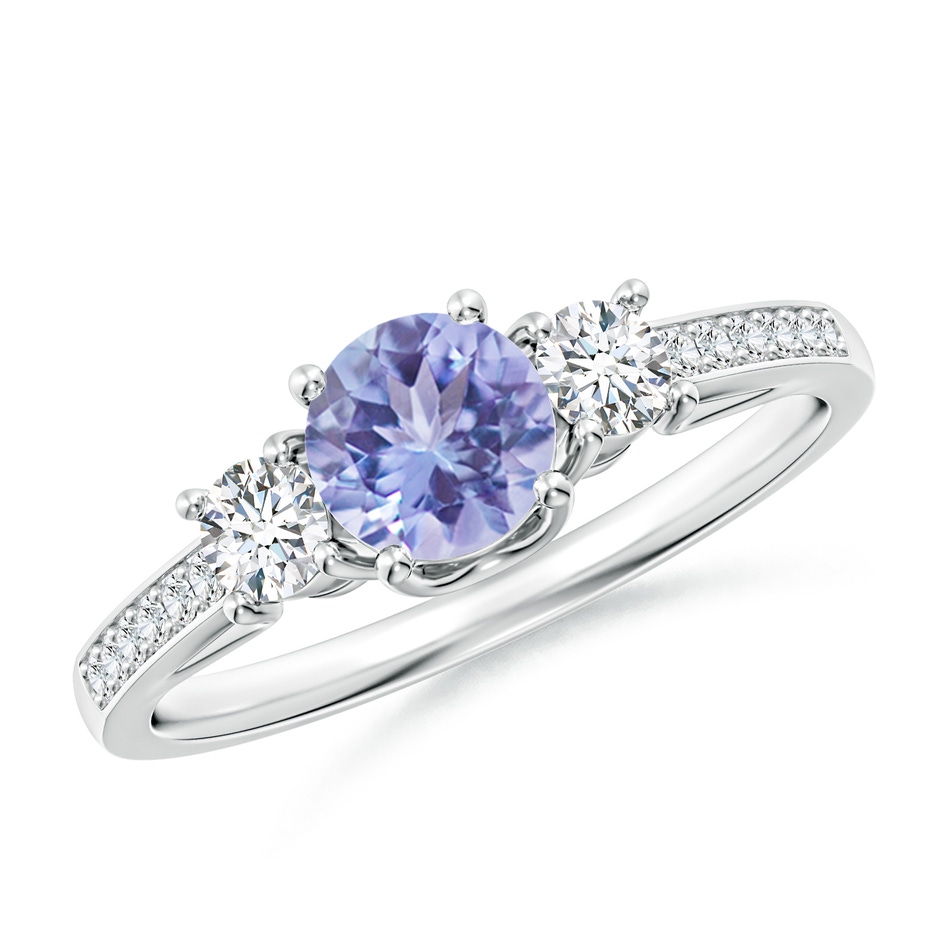 5mm AA Classic Prong Set Round Tanzanite and Diamond Three Stone Ring in White Gold 